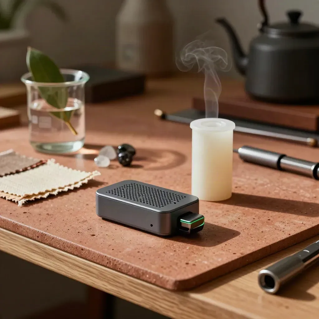 Compact sensor, water cartridge and wearable clip on a terracotta workshop table with steam.