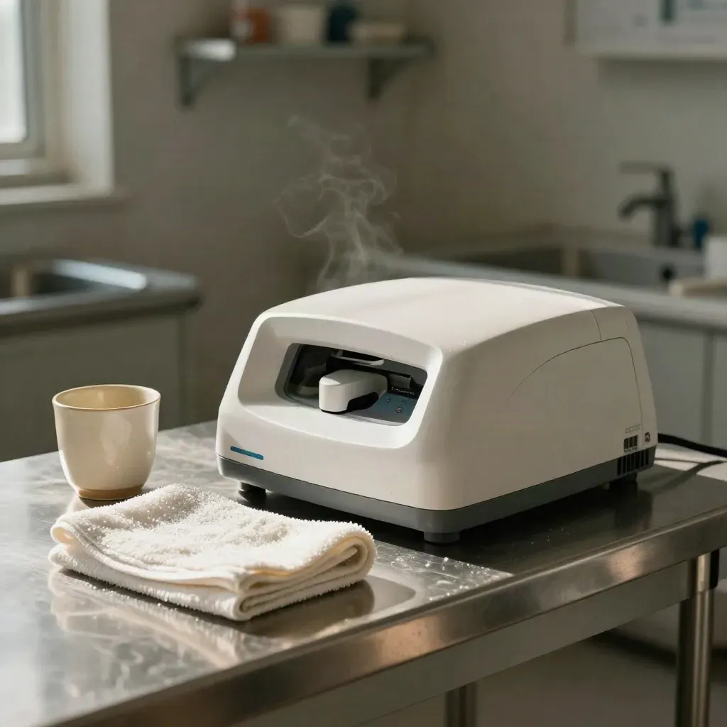 Sterile diagnostic prototype, ivory cup, and folded towel on a brushed steel clinic counter.