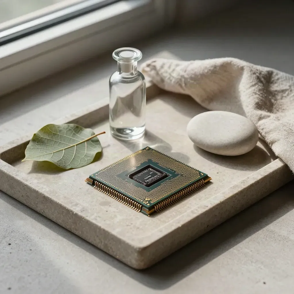 Top-down tray with a chip, pressed leaf, vial, ceramic pebble, and linen on stone.